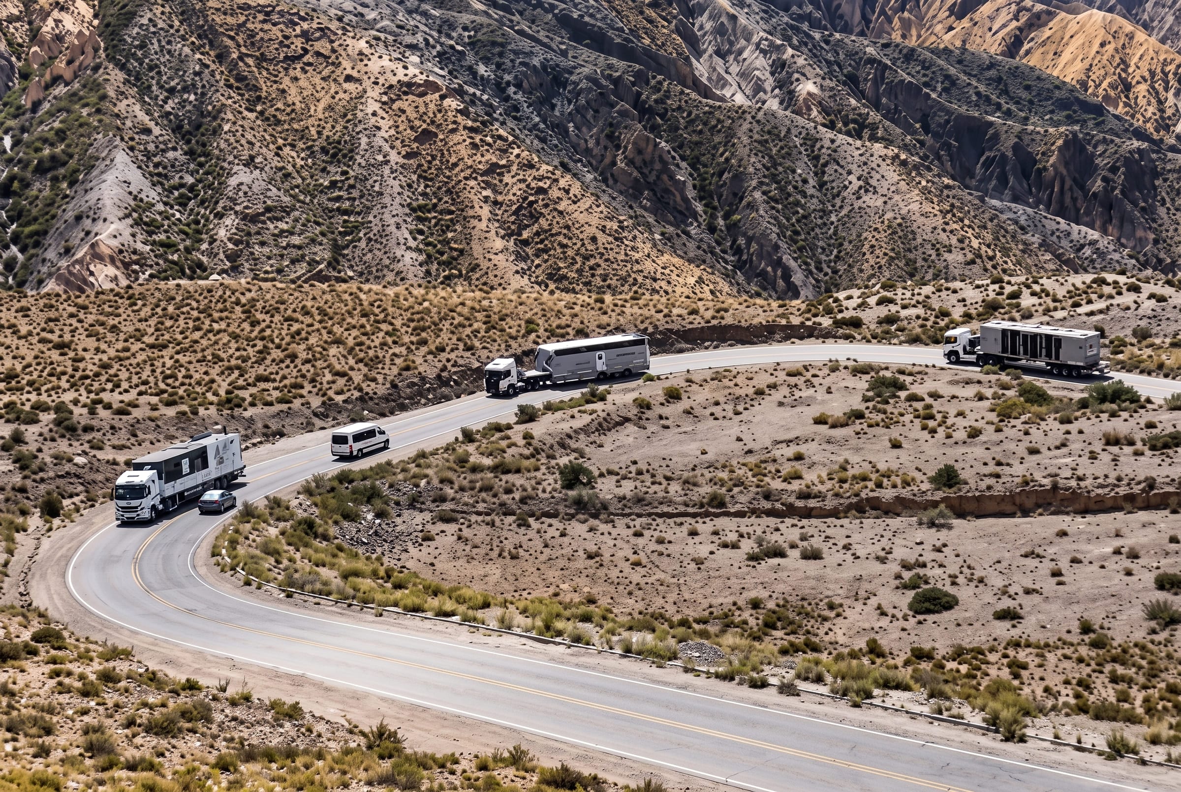 Convoy de unidades de Logistic Solutions ascendiendo por un camino de montaña en el NOA